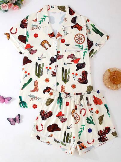 Set de 2 piezas de pijama de mujer de manga corta y peso ligero, camisa con cuello y botones con estampado de flores y botas vaqueras, cómodo y holgado, apto para todas las estaciones