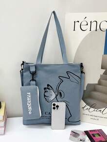 Túi Tote Canvas, Thích hợp cho Học sinh Trung học/Tiểu học đi học kèm, Túi đeo vai, Túi đeo chéo, Túi Canvas có sức chứa lớn đựng sách - Xám - Xem 3