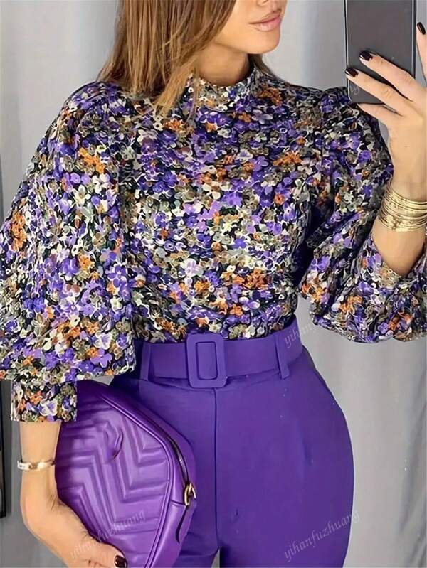 Women's Stand Collar Loose Fashion Orchid Lantern Sleeve Blouse