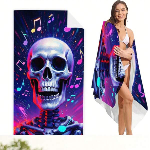 1 toalha de praia macia e sem areia, com elementos de caveira e música, adequada para o Dia dos Mortos, Halloween, presente para família, amigos, uso em todas as estações, praia, piquenique, camping, academia