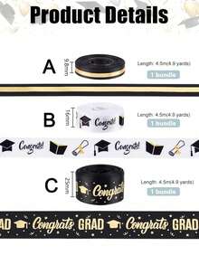 3pcs Graduation Ribbons, 2025 Ribbon Leis Congrats Grad Ribbon, 3 Styles Fabric Ribbons For Graduation Gift Wrapping, Graduation Party Decorations Supplies - Multicolor - View 2