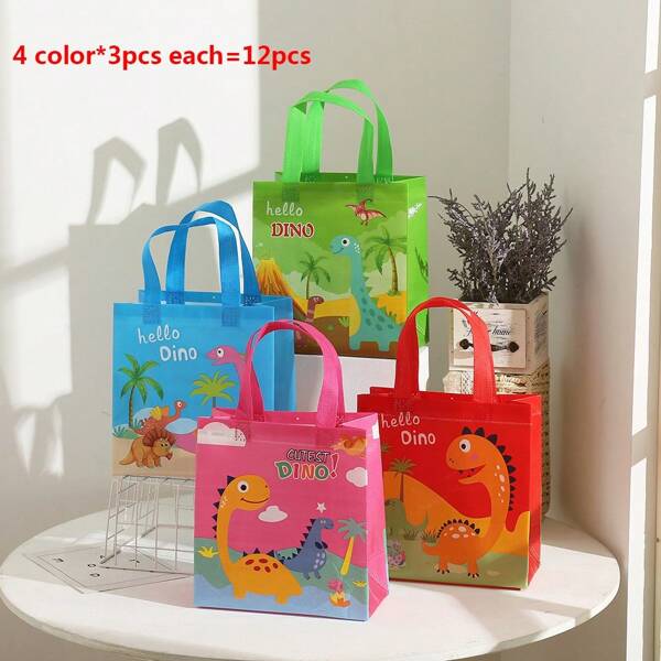 Set de 12 bolsas de regalo con asa de dinosaurio de colores variados para fiesta de cumpleaños de dinosaurios, suministros para fiesta con temática de la selva, bolsas de golosinas y decoración