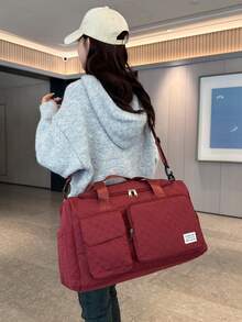 1pc New Classic Quilted Travel Bag, Women's Handbag, Shoulder Bag, Crossbody Bag, Gym Bag, Overnight Bag, Multi-Pocket, Shoe Compartment, Large Capacity, Convenient - Burgundy - View 5