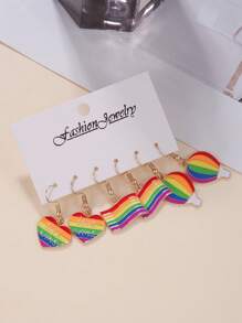 6pcs/Set Pride Month Earrings, Fashionable LGBT Rainbow Heart Shaped Earrings Set, Suitable For Men And Women, Great Gift For Friends And Girlfriends, Holiday Present