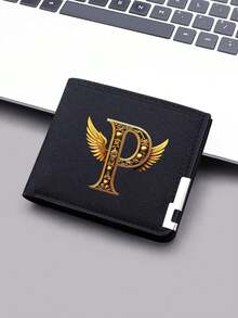 1pc Ultra-Thin Canvas Wallet With Gold Letter And Angel Wing Design - Black Zipper Coin Purse, Fashionable Daily Card And Small Change Holder - Black - View 19