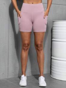 女士户外口袋运动短裤，高腰提拉健身短裤，适合户外运动 - 粉色 - 查看 5