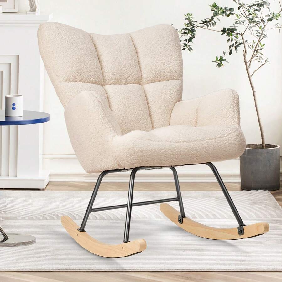 Nalupatio Rocking Chair,Lambswool With High Backrest Armrest,Upholstered Up To 136 Kg Load-Bearing Comfy Stabilise Rocking Chair For Livingroom Bedroom Balcony Beige