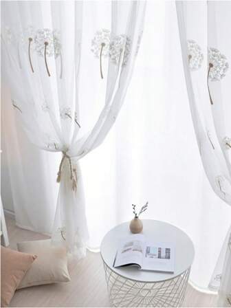 1pc White Chiffon Curtain Panel With Tarsel, Dandelion Embroidery Design, Suitable For Balcony, Living Room, Bay Window, Bedroom Decor, Excluding Track And Rod, Suitable For Holidays, Celebrations, All Season Home Decor