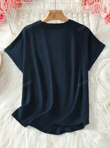 T-shirt femme décontracté à col encoche et manches courtes de couleur unie