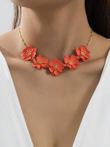 1 Pc Vibrant Orange Flower Shaped Double Layer Asymmetrical Five-Petal Pendant Necklace For Women, Suitable For Vacation, Daily Wear, Party Decoration, Gift Jewelry