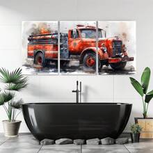 Set Of 3 Watercolor Fire Truck Wall Art Canvas Painting, Vintage Fire Truck Poster Print With Frame, Suitable For Modern Home Dining Room, Kitchen, Living Room, Bathroom, Apartment, B&B, Hallway, Studio, Kids Room, Nursery, Kindergarten, Classroom, Villa, Gallery, Nursery, Study, Home Office Decoration Ready To Hang ,Wall Art With Frame