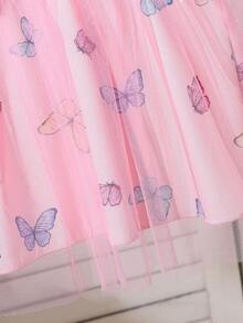 女婴蝴蝶印花拼接网眼泡泡袖连衣裙，宫廷风，适合外出、聚会、春夏