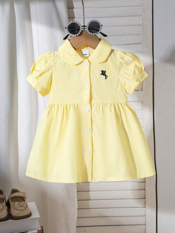 Embroidery Striped Cute Round Neck Short Sleeve Dress For Baby Girl, Casual Versatile Suitable For Outings, Spring/Summer