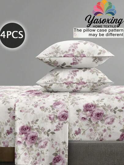 4pcs/Set Garden Purple Flower Pattern Sheet Set Easy Care Microfiber Soft Bedding Set Floral Fitted Sheet Set (1pc Flat Sheet+1pc Fitted Sheet+2pcs Pillowcases) Fitted Sheet Set King Queen Full TWIN SIZE Sheet Deep Pocket Up To 11.8 Inch Pillowcase, Soft Breathable Wrinkle-Free Better For Sleep, Luxury Hotel Style, Gift For Mom Dad Friend