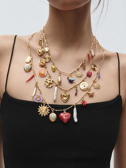 Bộ 3 vòng cổ nữ - Vòng cổ nhiều lớp thời trang với mặt dây chuyền hình trái tim, ớt, hạt cườm, mặt dây chuyền mặt trời, chim, vỏ sò, ngọc trai