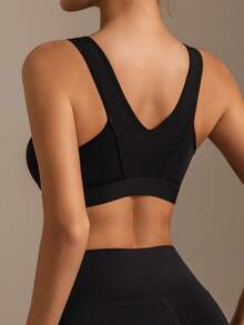 1 件女士纯色舒适运动文胸，采用工字背设计 - 黑色 - 查看 1