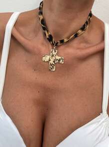 1pc Women's Fashionable High-End Leopard Print Beach Series Pendant Necklace, Bohemian Style Metal Clavicle Chain, Suitable For Daily Wear, Parties, And Beach Vacations