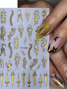 4pcs Y2K Futuristic Punk Style Line Nail Stickers, 3D Golden & Silvery Sparkling Thorn Vine Curves, Swords, Scorpion Design Nail Decals For Women DIY Nail Art Decoration - Multicolor - View 3
