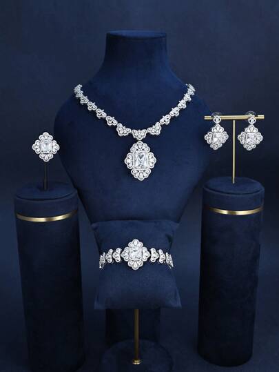 4pcs Silver Color Cubic Zirconia Luxury Square Zirconia Necklace, Ring, Bracelet, Earrings Set, Suitable For Women Wedding & Party Wear