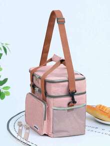 1Pc Pink Double Layer Insulated Lunch Bag, Leakproof Oxford Cloth Portable Lunch Box For Work, School, Picnic, Beach With Shoulder Strap, Side Pocket – Reusable And Easy To Clean, Hand Wash Bag For School School Accessories School Stuff - Multicolor - View 7