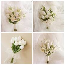 Romantische weiße Hochzeitssträuße für Braut und Brautjungfer, Tulpen-Simulationsblumen, Brautstrauß, Hochzeitsfotografie-Strauß, Ehedekoration, künstliche Blumensträuße für Hochzeit, Valentinstag, Kirche, Zuhause, Dekoration, Sommer, Geburtstag, Geschenke, Strand, Schulmaterial, Raumdekoration