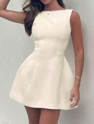 Vestido mini elegante de mujer con decoración de perlas sin espalda y sin mangas, cuello redondo. Vestidos de mujer para fiesta, vestido mini, vestidos elegantes de mujer, vestidos modestos de mujer, vestidos beige de mujer, halter, vestimenta casual de negocios para mujer, ropa de otoño para mujer, Acción de Gracias, vestidos de maestra, Halloween, Homecoming, vuelta al colegio, ropa urbana para mujer, atuendo de concierto, atuendo de fiesta para mujer