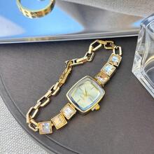 Neue Damen Uhr mit eingearbeiteten Zirkonia, elegantes quadratisches Zifferblatt, Legierung Quarzwerk, Mode Armband aus Stahl mit Strass, Damen Armbanduhr