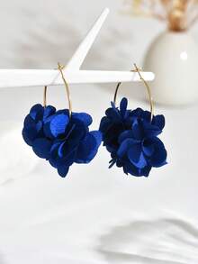 1 对百搭花卉织物几何图案金属环耳环，简约深蓝色时尚布花金属大环耳环，适合女士日常和节日佩戴 - 深藍色 - 查看 3