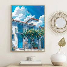 1pc Modern Scooter Landscape Posters Summer Italian Scooter In Front Of Coffee Prints Canvas Painting Wall Pictures Home Room Decor, Wall Art With Frame