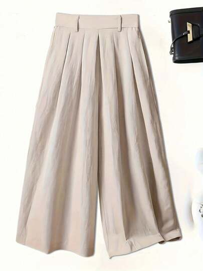 Pantalones casuales de verano de pierna ancha y plisados de unicolor para mujer