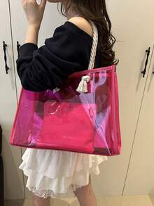 2件套女士时尚拼色透明沙滩手提包 - 玫紅色 - 查看 5