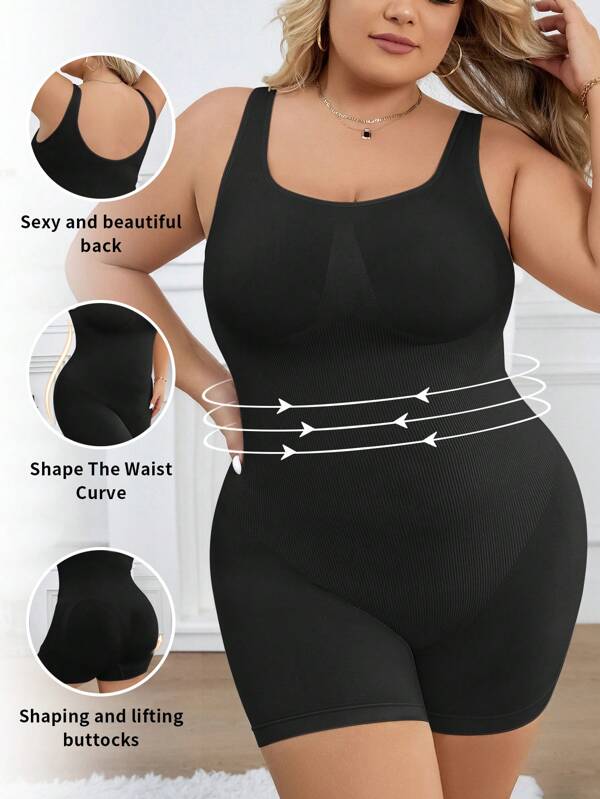 Plus Size Ladies' Apricot Color Seamless Knitted Bodysuit, Shapewear