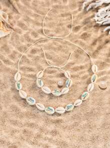 Conjunto de 2 peças de pulseira e colar de argila macia com conchas e flores, estilo boêmio, com estampa de rosa, margarida, estrela, leopardo e arco-íris, joias de praia estilo oceano