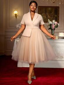 Khaki Turn-Down Collar Short Sleeve Peplum Patchwork Mesh A-Line Dress Business Party