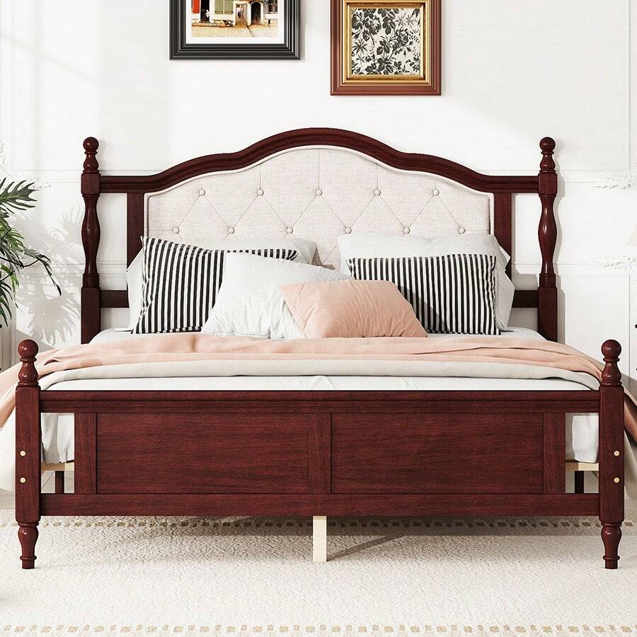 YOGLAD Queen Size Bed Frame Solid Pine Wood With Upholstered Headboard, Platform Bed With Storage Under Bed, Vintage Style Wooden Bed Frame With Center Support & Bed Rails, Rustic Minimalist Bedroom Furniture For Home Decor - 櫻桃 - 查看 1
