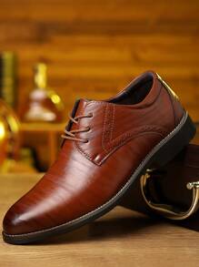 1 Pair Men's British Style Comfortable Casual Pointed Toe Lace-Up Breathable Leather Shoes, New Fashion Versatile Soft Bottom Dress Shoes, Black, Blue, Brown Colors