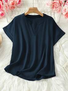 Women Casual Solid Color Notched Neck Short Sleeve T-Shirt - Navy Blue - View 6