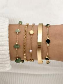 Conjunto de 5 pulseiras de pérolas e pedras artificiais estilo vintage, joias versáteis e modernas com pérolas artificiais (corrente feita à mão e cortada no comprimento desejado)