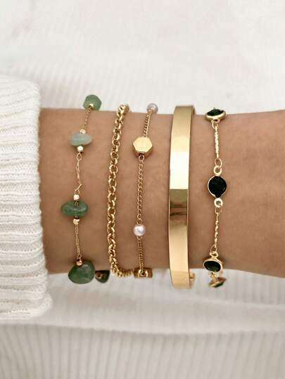 5pcs Vintage Style Faux Gem & Pearl Bracelet Set, Fashion Versatile Faux Pearl Jewelry (Handmade Chain Trimmed To Desired Length)