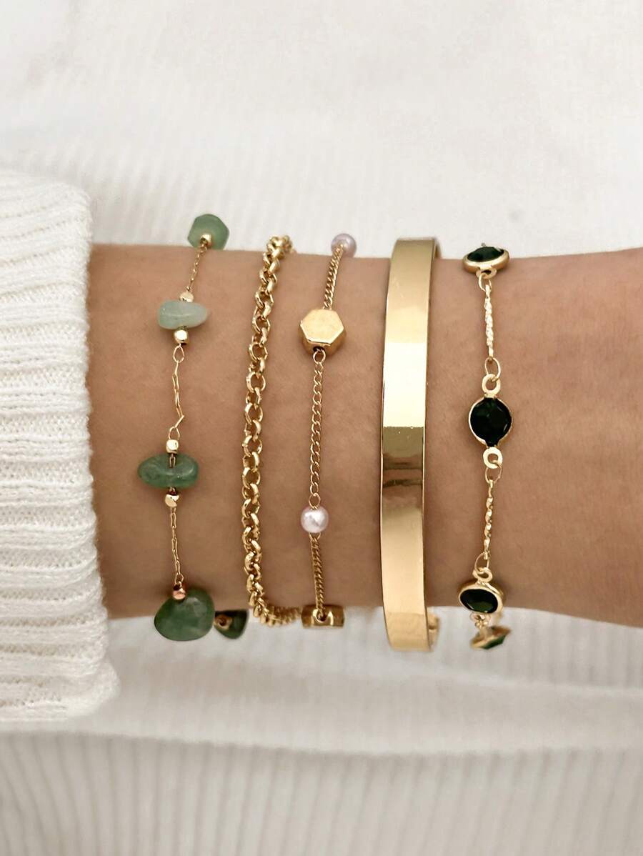 Conjunto de 5 pulseiras de pérolas e pedras artificiais estilo vintage, joias versáteis e modernas com pérolas artificiais (corrente feita à mão e cortada no comprimento desejado)