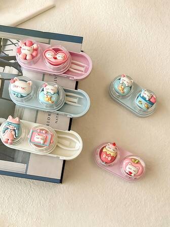 XIANG YU Söt 3D-tecknad kattkontaktlinsfodral, unik bärbar kosmetikaask i lådstil, kompakt följeslagarfodral. Rosa