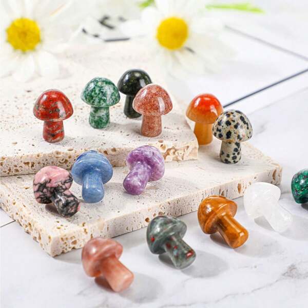 Decoração de jardim de fadas - Mini escultura de cogumelo, cogumelos esculpidos à mão com pedras preciosas para altar de bruxaria, jardim zen de meditação e detalhes em vasos de flores (cristal polido)