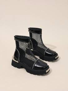 Punk Style Patchwork Hollow-Out Boots Short Boots For Women, Summer Thick Sole Mesh Breathable Metal Buckle Back Zipper Sandals