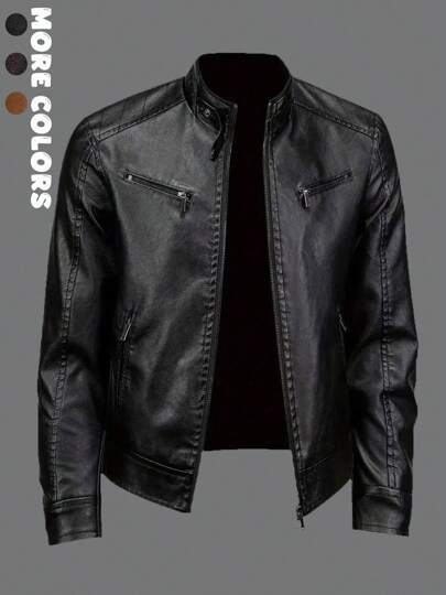 Men's Solid Color Motorcycle Leather Jacket, Outdoor Sports, Couple Style, Spring/Autumn