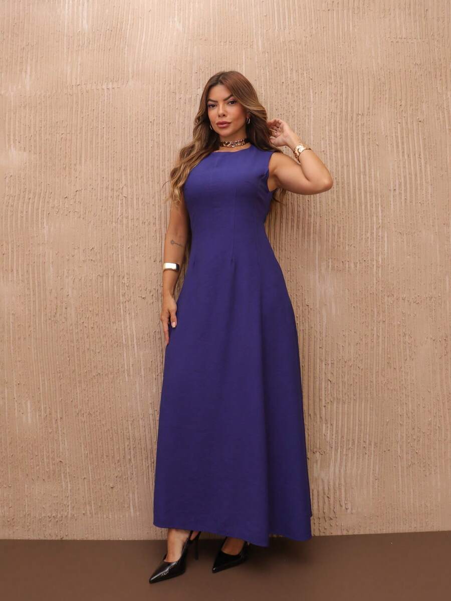 Elegant Long Marrente Party Birthday Casual Summer Women Sleeveless Solid Chic Non Ironing Dress S M L - 藏蓝色 - 查看 1