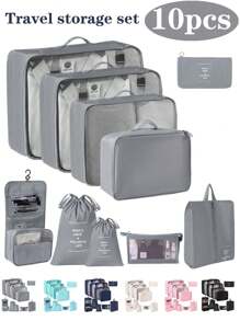 10-1pc Travel Packaging Cube, Waterproof Portable Luggage Organizing Bag, Clothing Storage Bag, Including Clothing Bag, Inner Garment Bag, Shoe Bag, Digital Product Storage Bag, Drawstring Bag, Breathable Net Bag, Toileter Bag, Jewelry Bag, Skin Care Bag, Luggage Storage Bag, Large-Capacity Makeup Organizer Makeup Box, Suitable For Travel, Dormitory, School, Beach