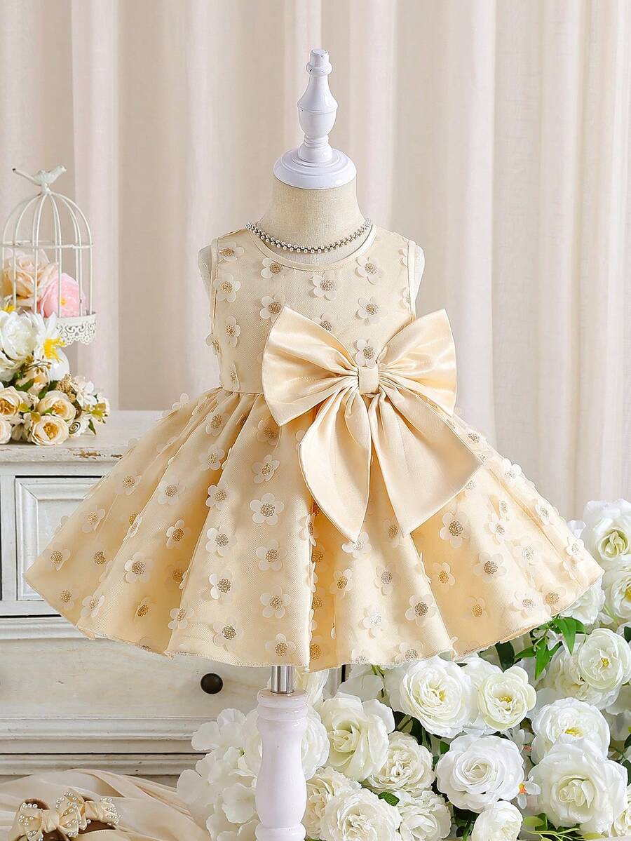 Vestido elegante para niñas pequeñas con decoración de gran lazo y flores 3D en malla de color champán, adecuado para vestido de noche - Champán - Ver 1