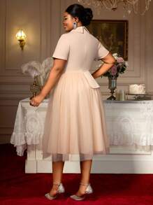 Khaki Turn-Down Collar Short Sleeve Peplum Patchwork Mesh A-Line Dress Business Party