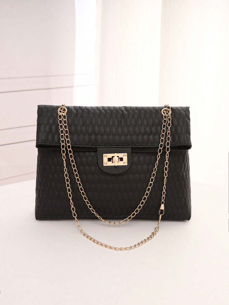 Fashionable Embossed Women's Chain Lock Shoulder Bag Crossbody Bag - Black - View 1