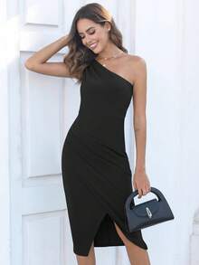 Missufe 女士黑色鸡尾酒会礼服中长款晚礼服修身单肩无袖铅笔裙 - 黑色 - 查看 4